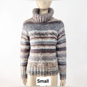 Elsamanda Wool Blend Cowel Neck Knit Sweater Womens S Brown Blue Ivory Striped